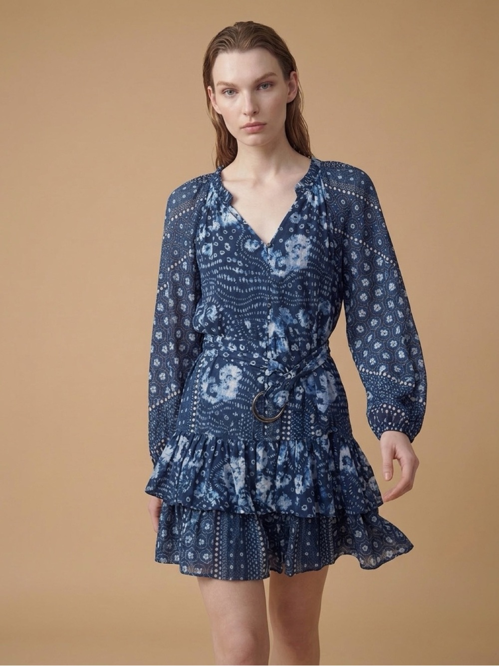 ba&sh navy blue printed long-sleeve wrap dress